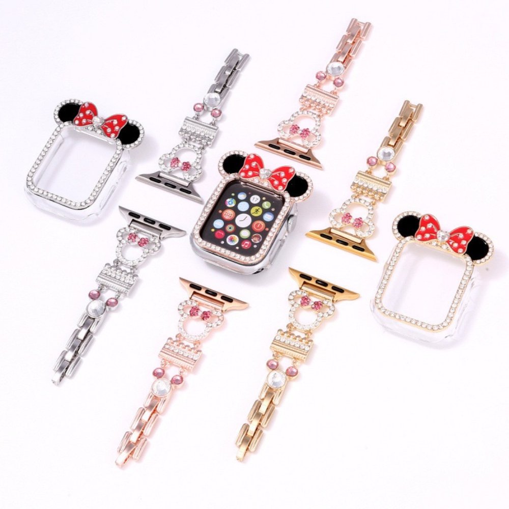 Alloy Watch Band Set Mickey & Minnie Rhinestone Metal Strap Set for Apple Watch All Series