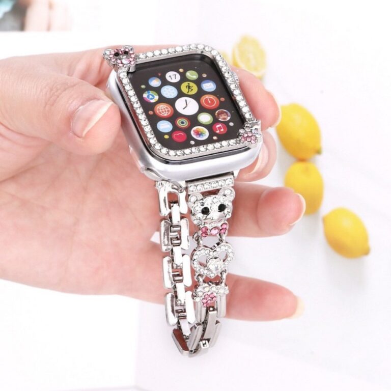 Alloy Watch Band Set Bear Rhinestone Metal Strap + Case Set for Apple Watch All Series